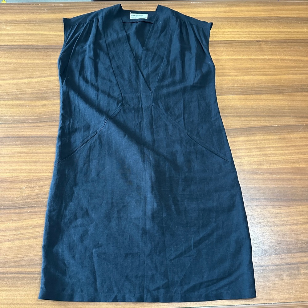 Eve Gravel Byblos Shift Dress Black Linen Blend Small V-Neck Pockets Minimalist - Picture 11 of 13
